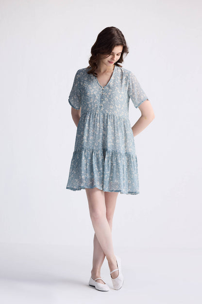 Floral Short Tiered dress in Light Blue-3