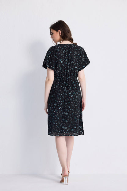 Gathered Knee-length Dress in Dark Blue Florals-1