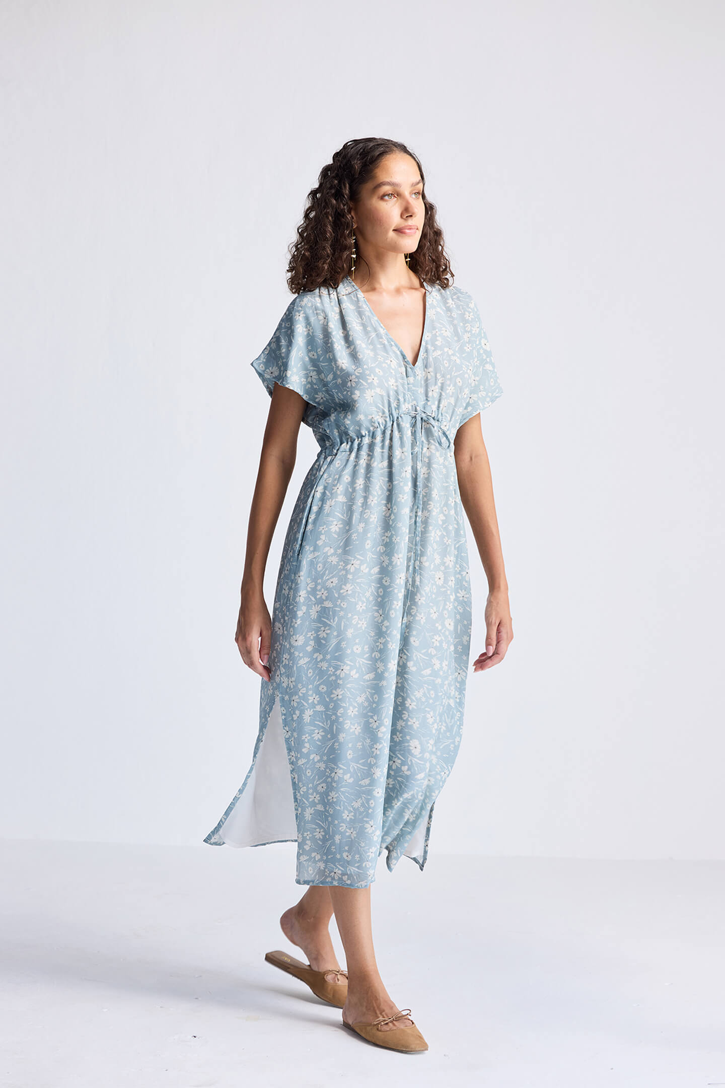 Gathered Maxi Dress in Light Blue Florals-4