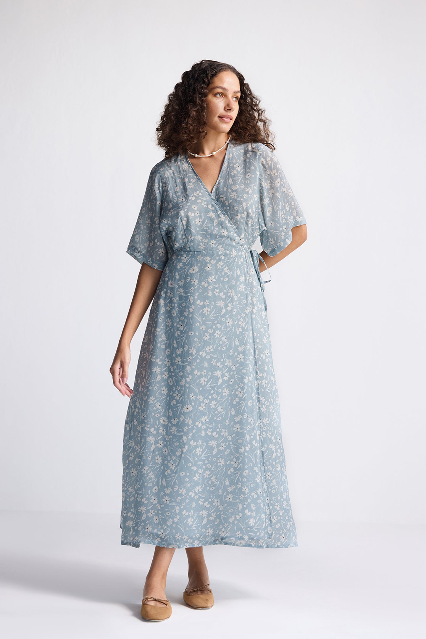 Maxi Wrap Dress in Light Blue Florals-3