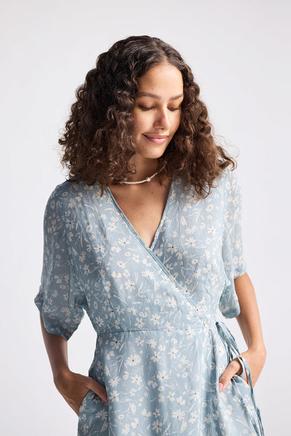 Maxi Wrap Dress in Light Blue Florals-2