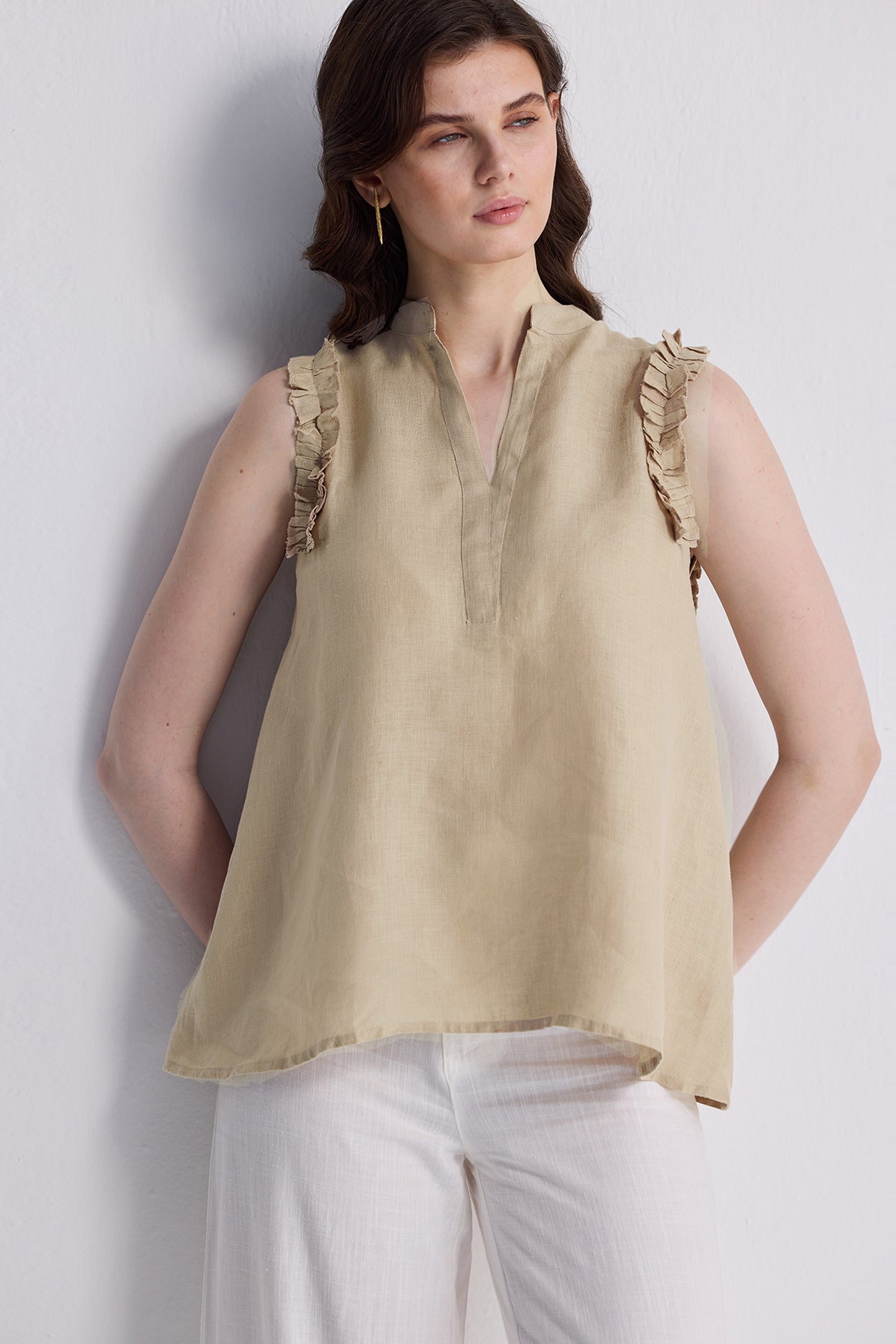 Sleeveless Hemp Top with Ruffles in Neutral Beige-2