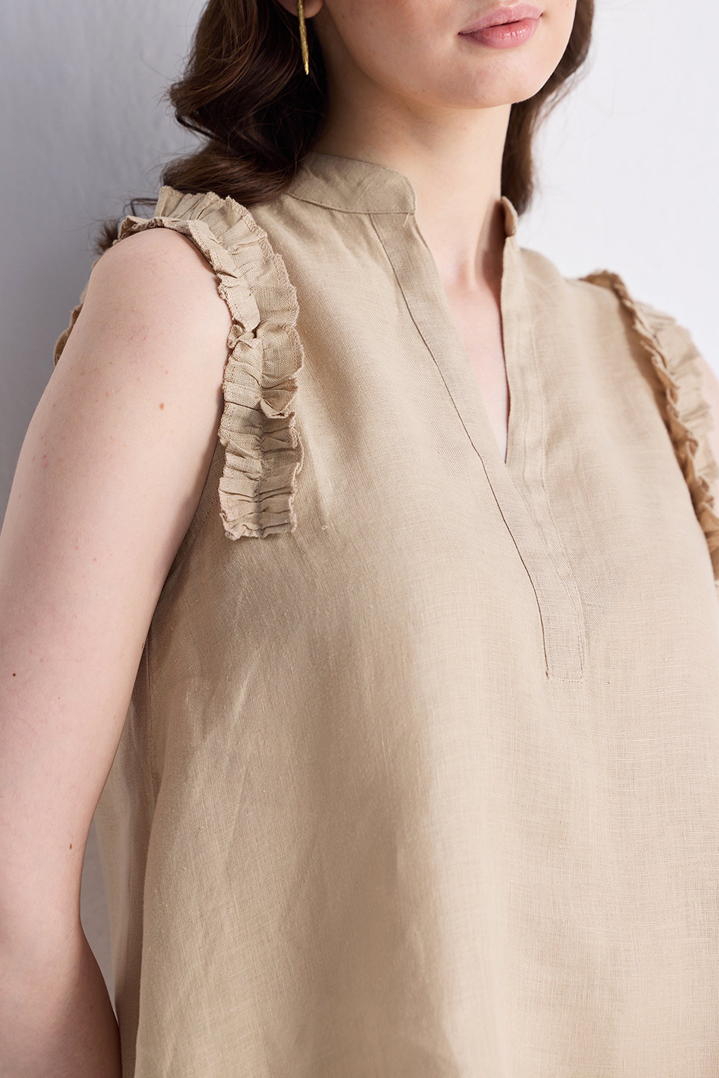 Sleeveless Hemp Top with Ruffles in Neutral Beige-3