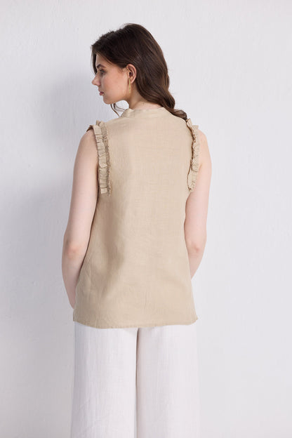 Sleeveless Hemp Top with Ruffles in Neutral Beige-1