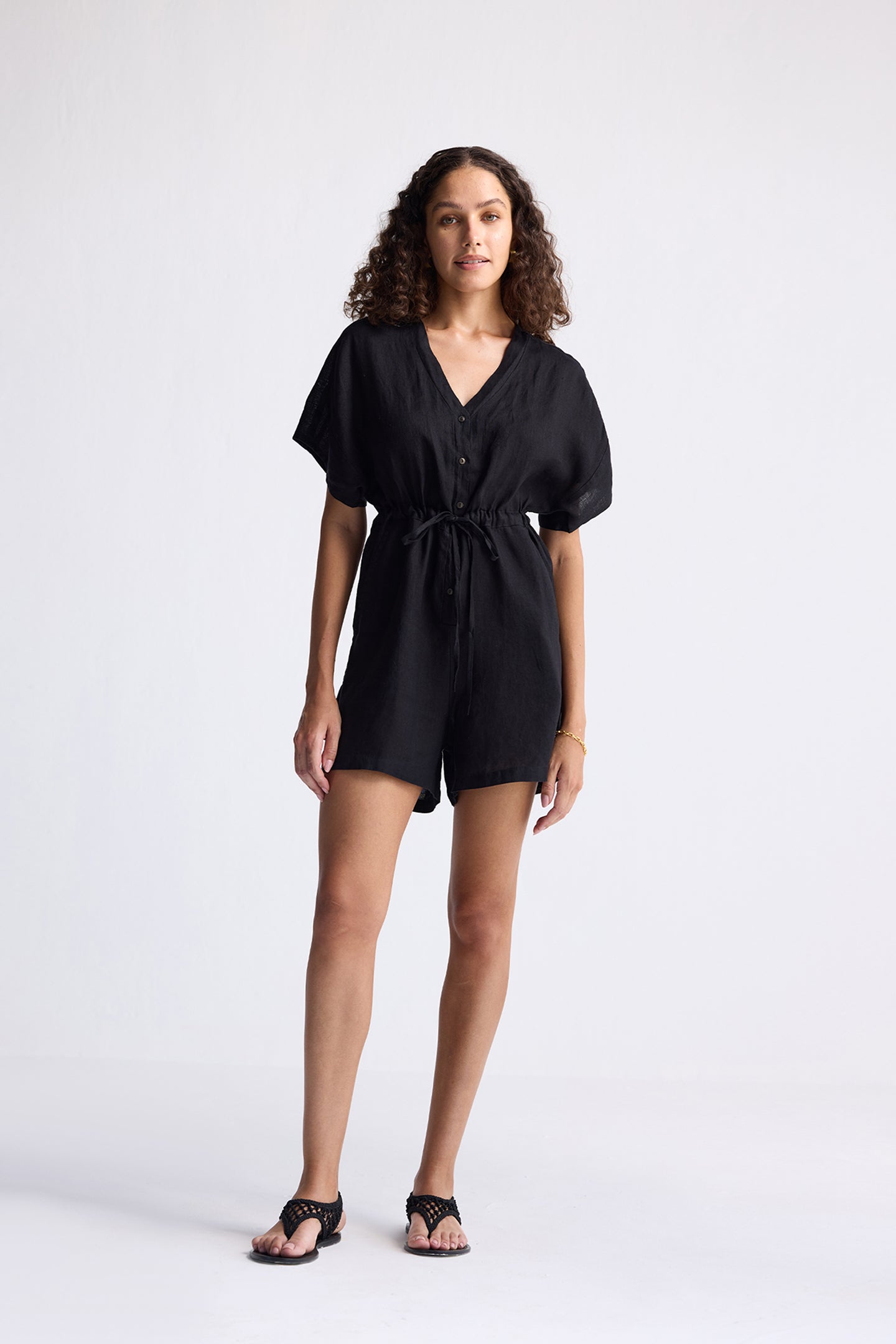 V neck Drawstring Romper in Black-3