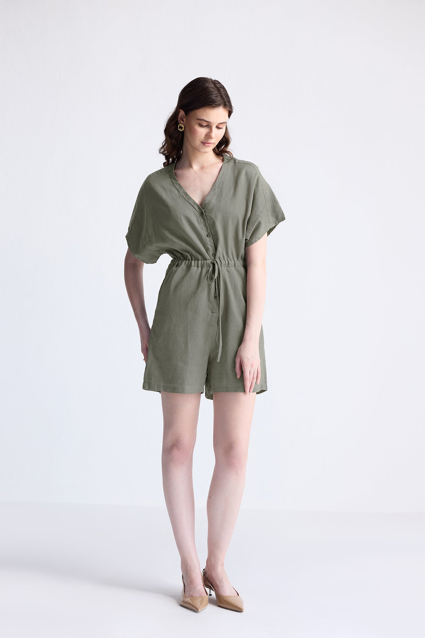 V neck Drawstring Romper in Dark Green-2