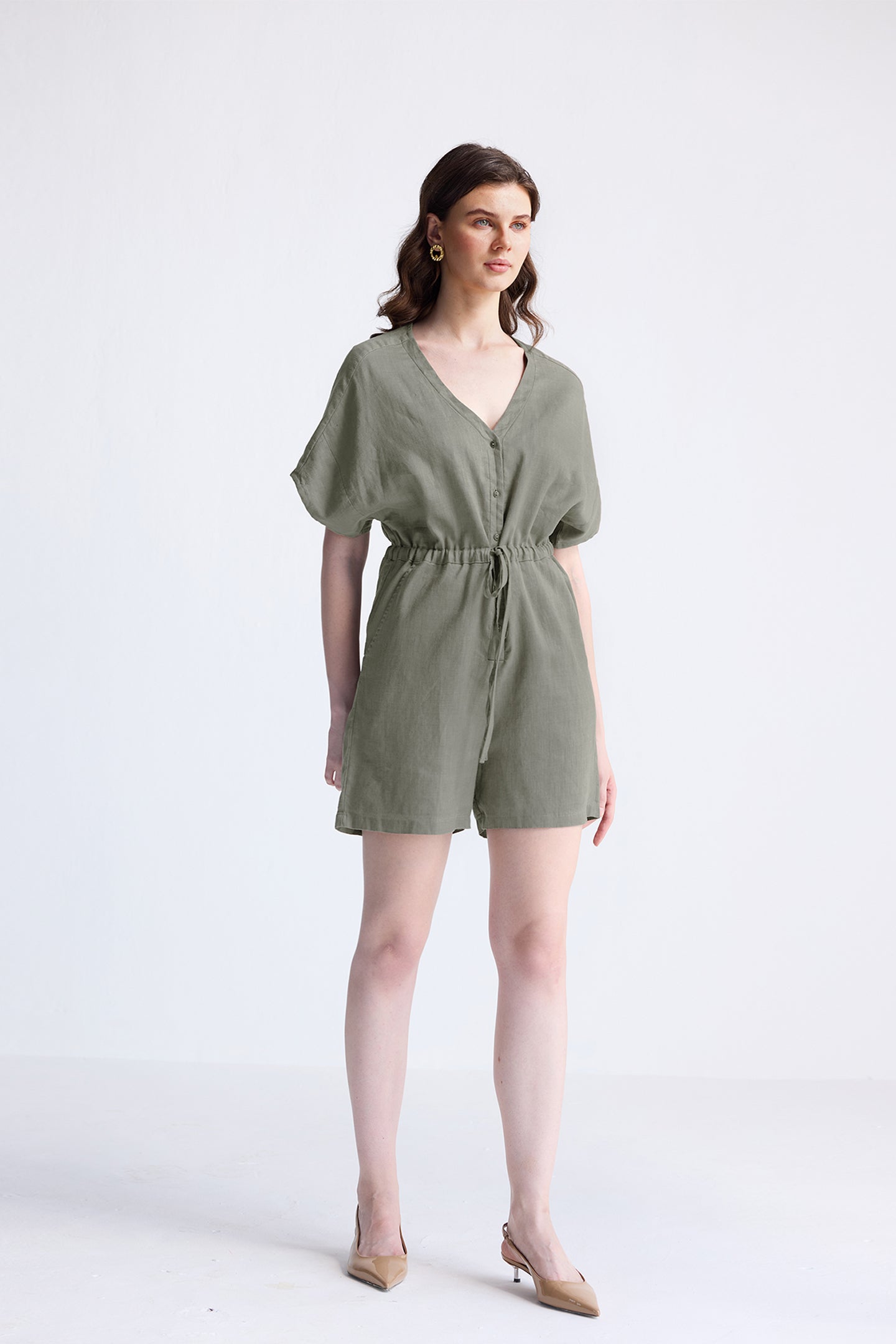 V neck Drawstring Romper in Dark Green-4