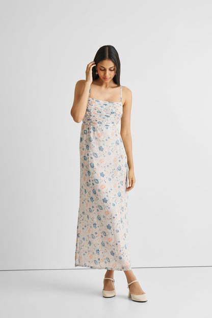 Ruched Strappy Maxi Dress Blue Florals-3