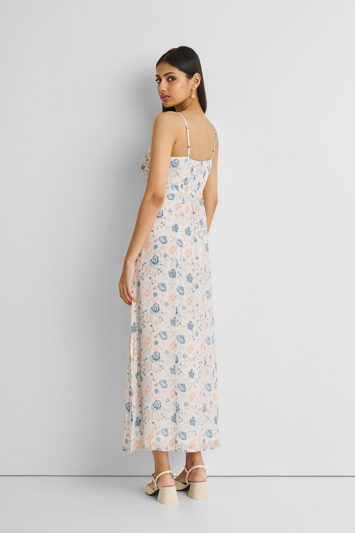 Ruched Strappy Maxi Dress Blue Florals-1