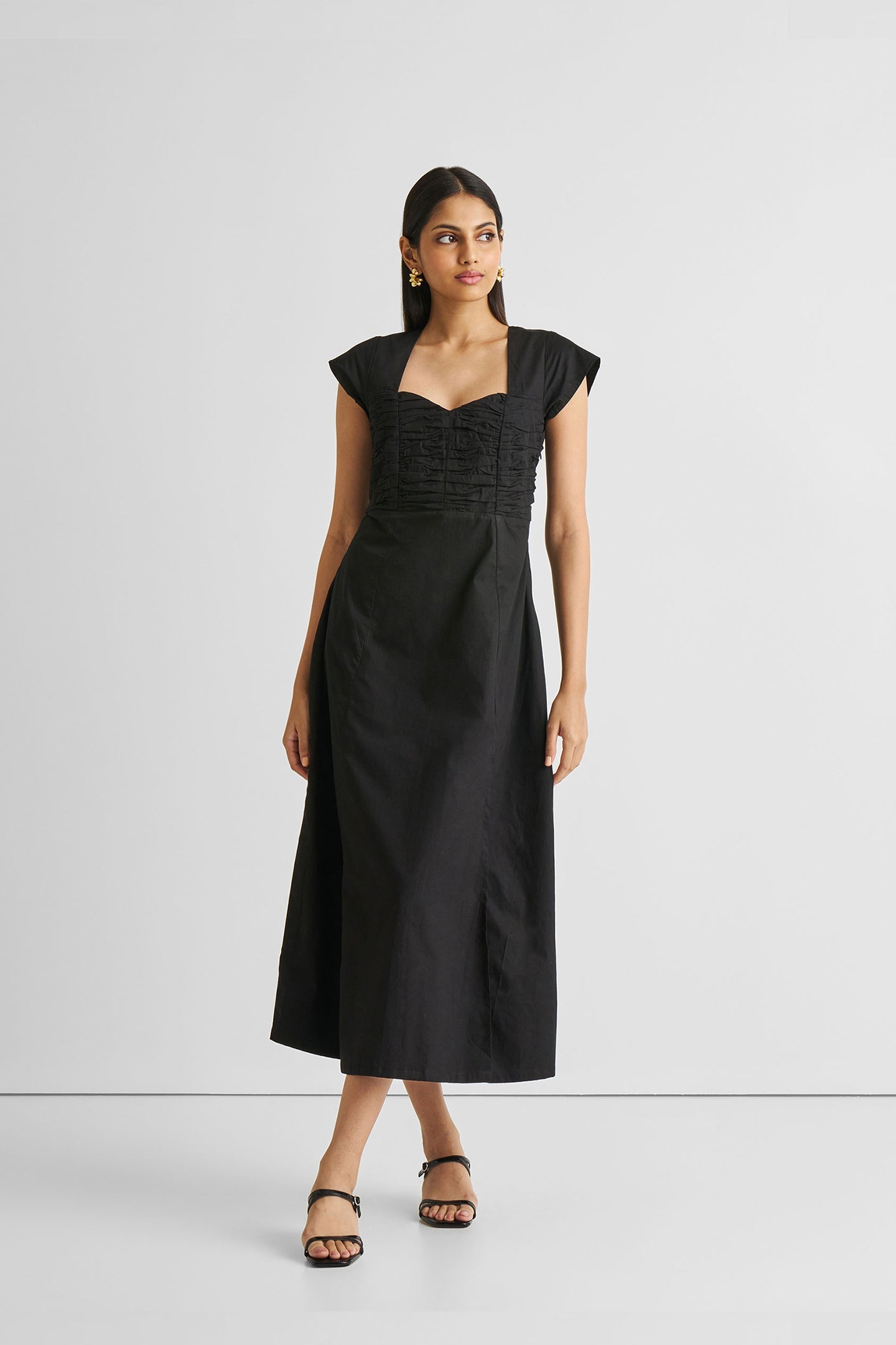 Ruched Dress with Front Slit in Black-0