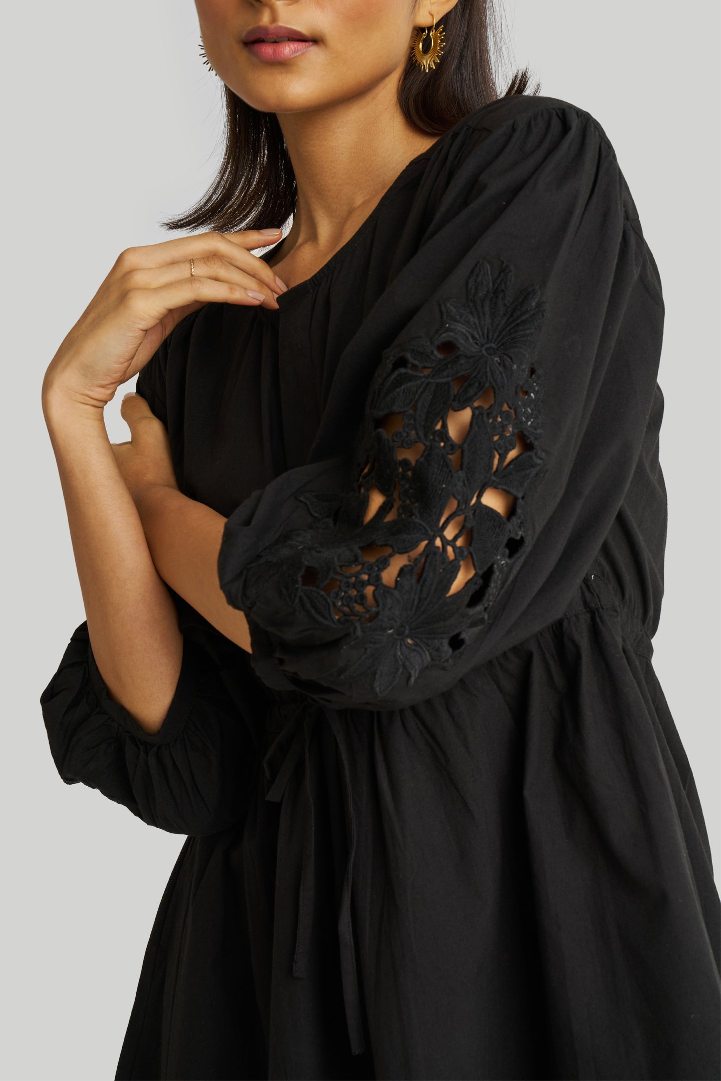 Shirt Dress with Balloon Sleeves in Black-2