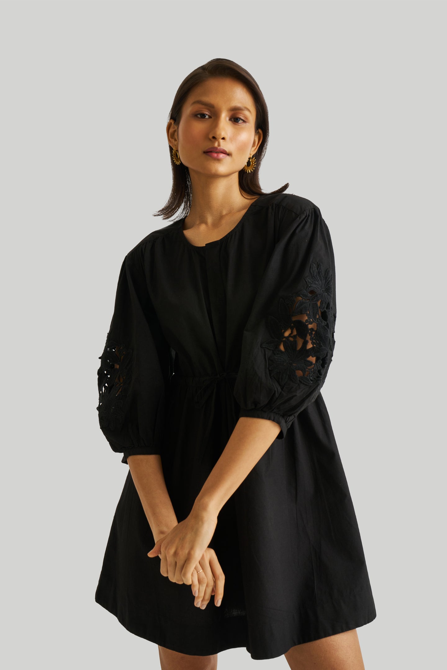 Shirt Dress with Balloon Sleeves in Black-4