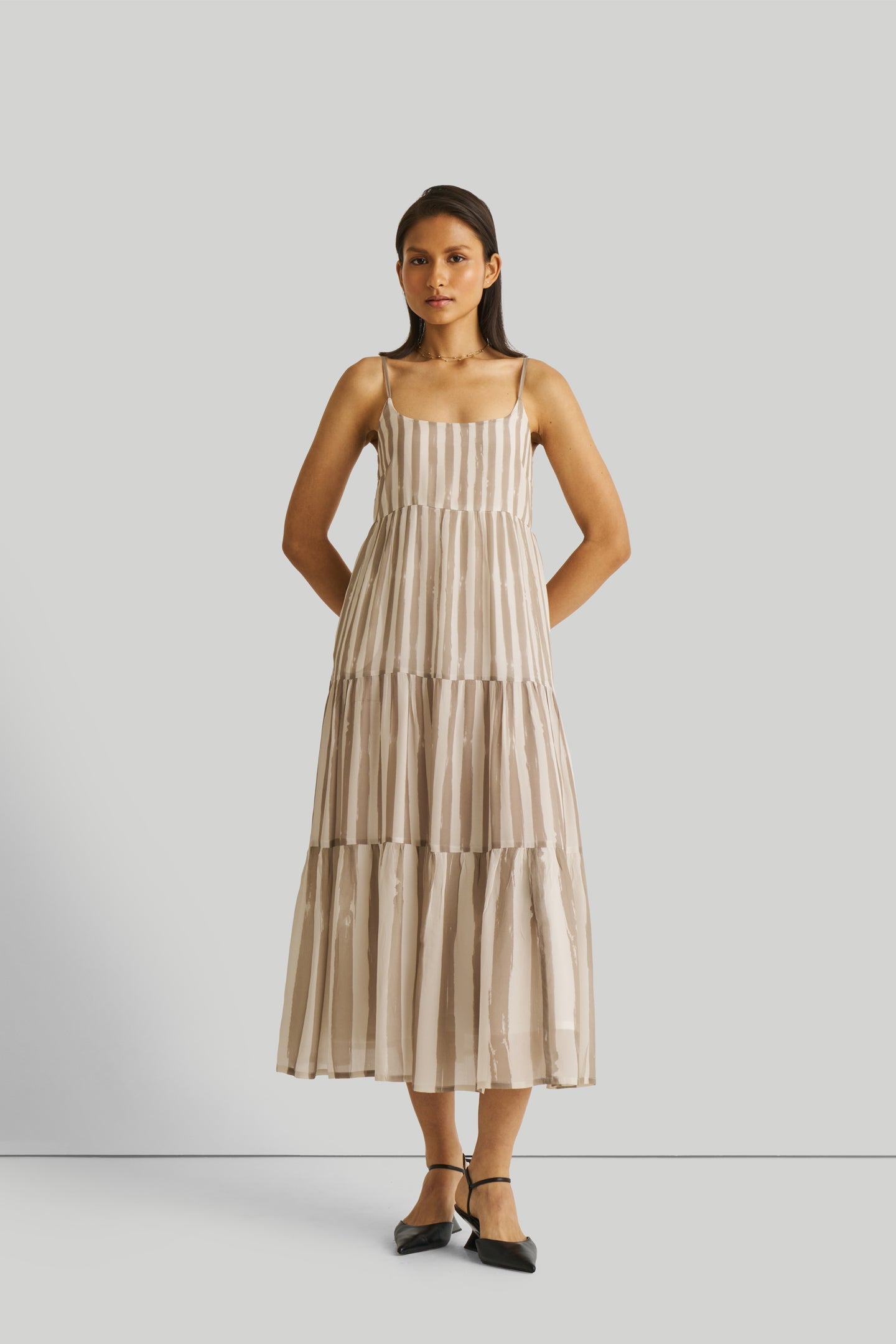 Strappy Tiered Maxi Dress in Beige Stripes-2