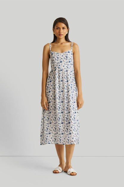 Strappy Gathered Blue Floral Midi Dress-2