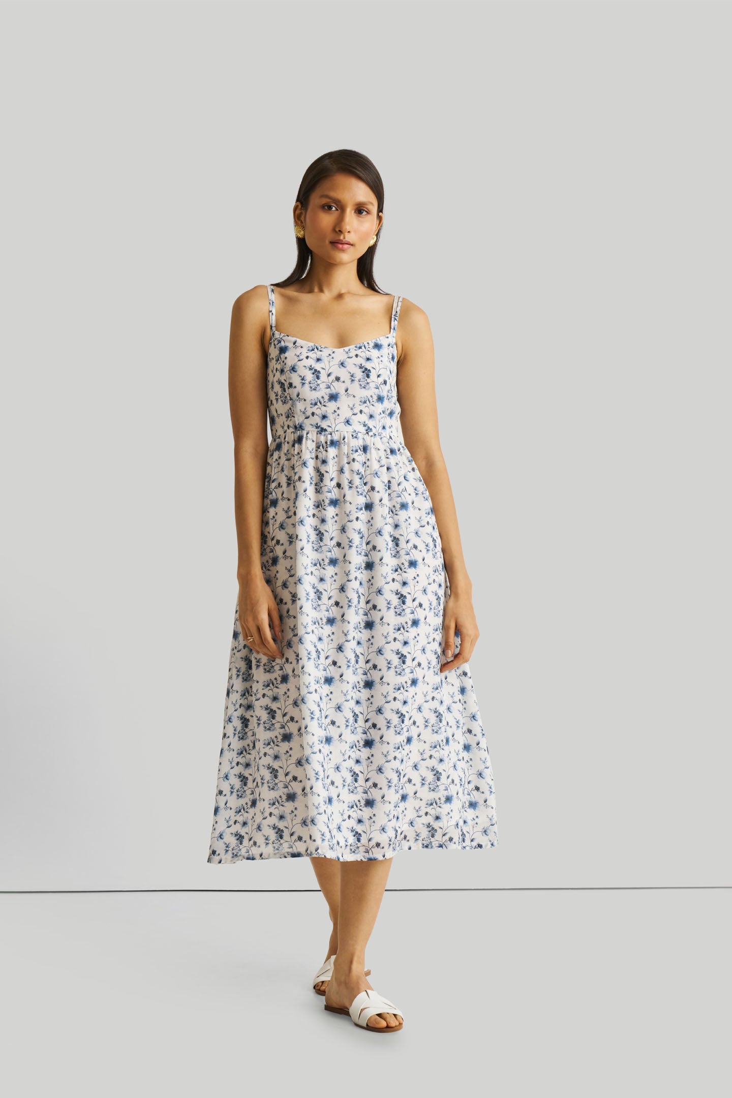 Strappy Gathered Blue Floral Midi Dress-3