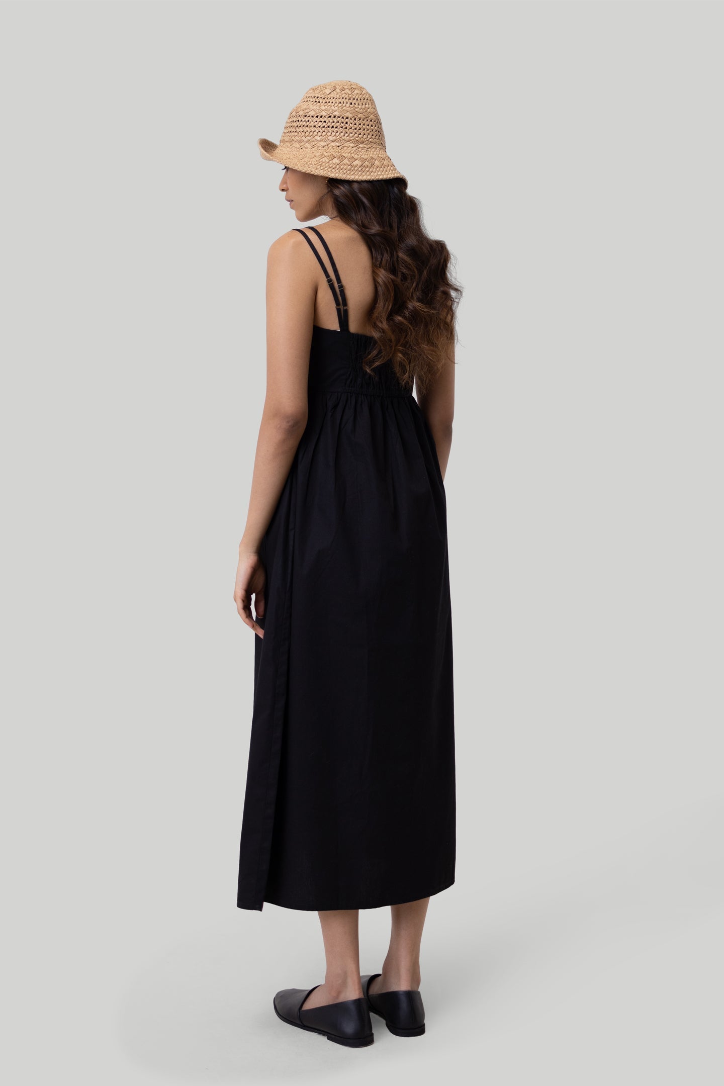 Strappy Gathered Midi Dress in Black-1