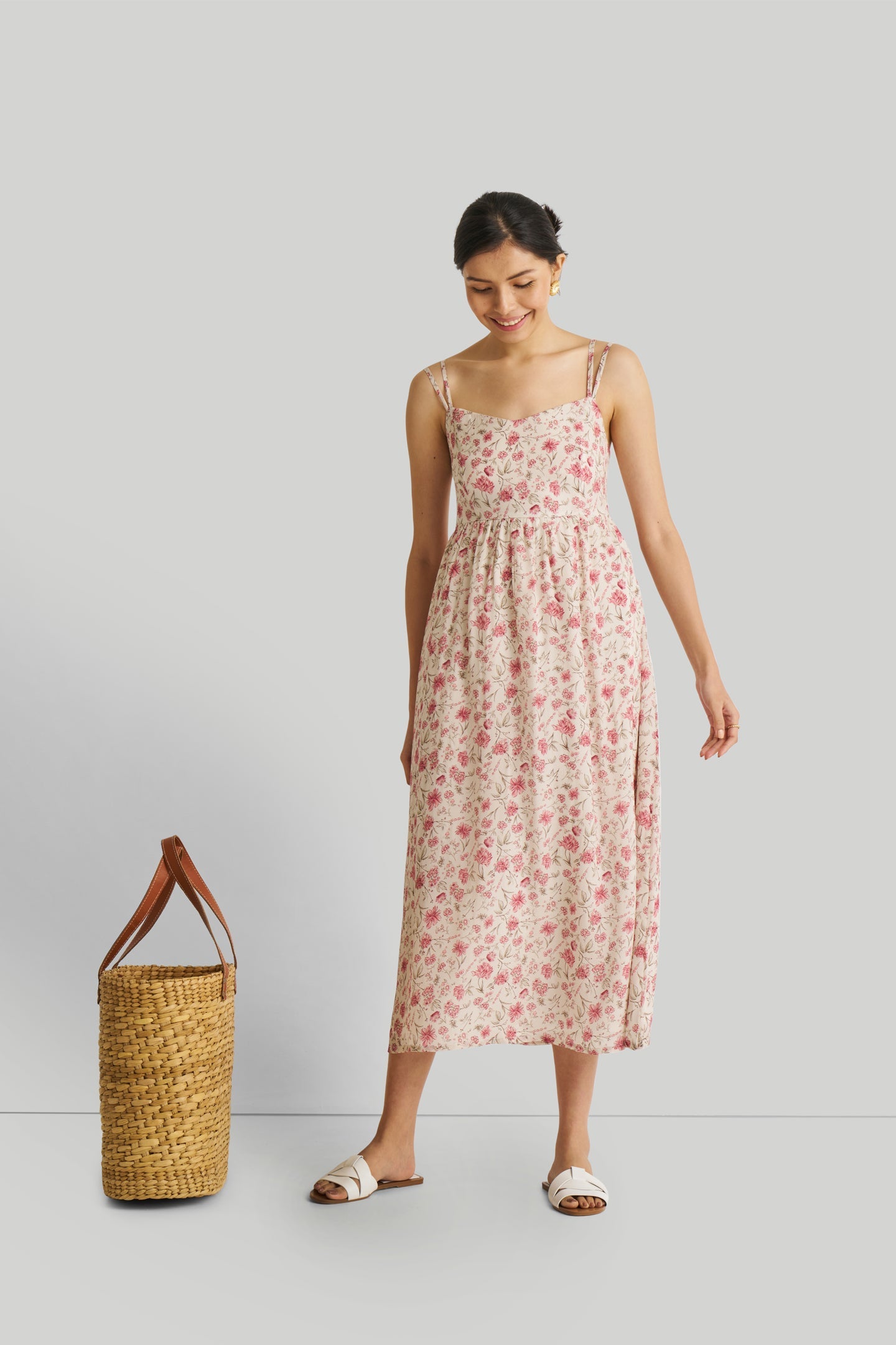 Strappy Gathered Midi Dress in Pink Florals-4