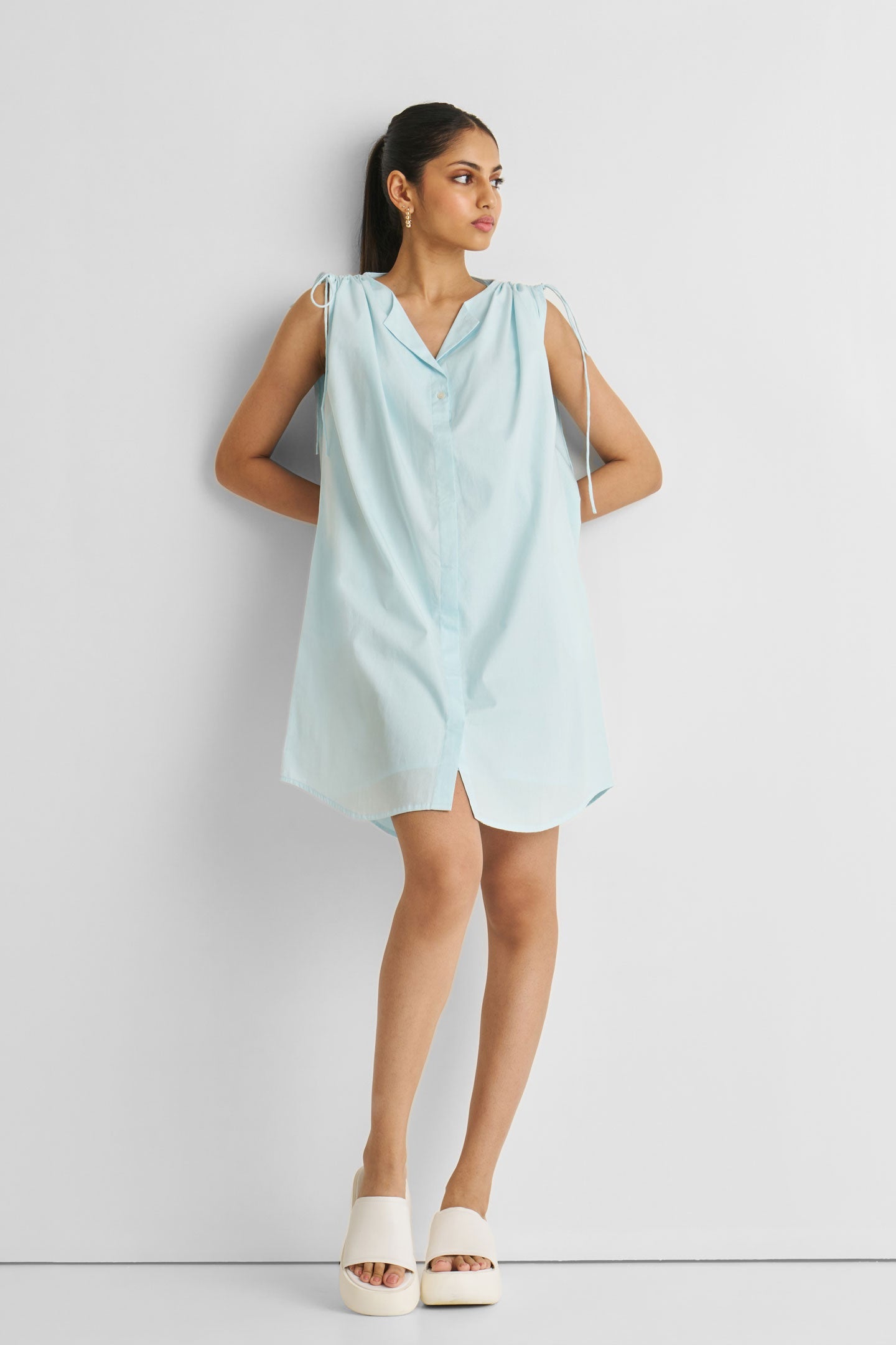 Shirt dress with Shoulder Tie Details in Summer Blue-3