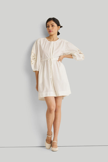 Shirt Dress with Balloon Sleeves in White-0