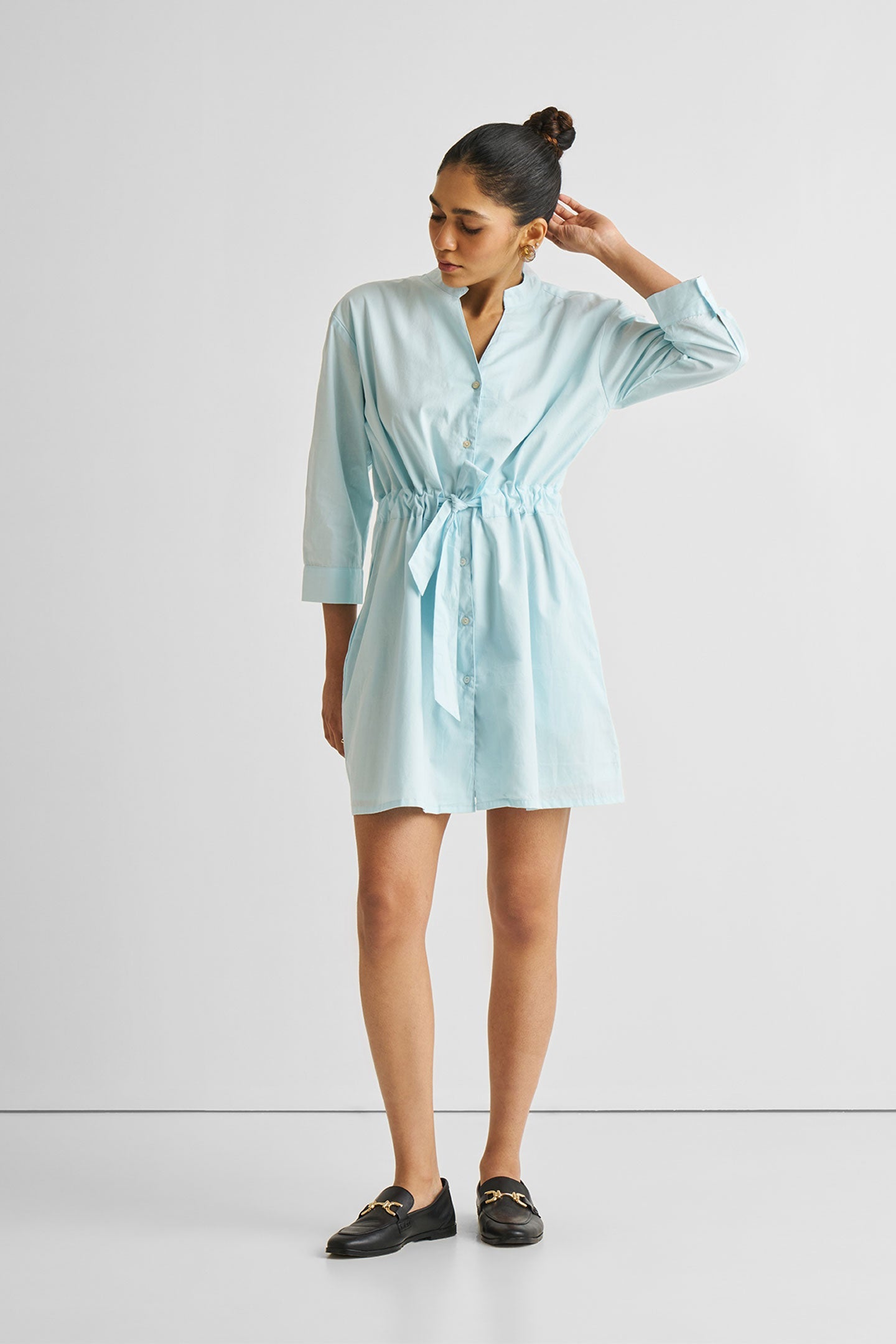 Short Tie Waist Dress in Summer Blue-2