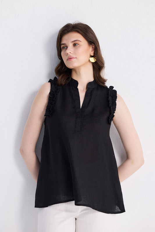 Sleeveless Hemp Top with Ruffles in Black-0