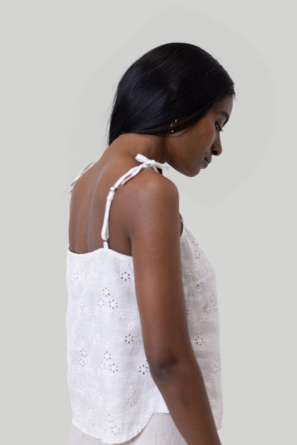 Tie-up Camisole in White Embroidery-3