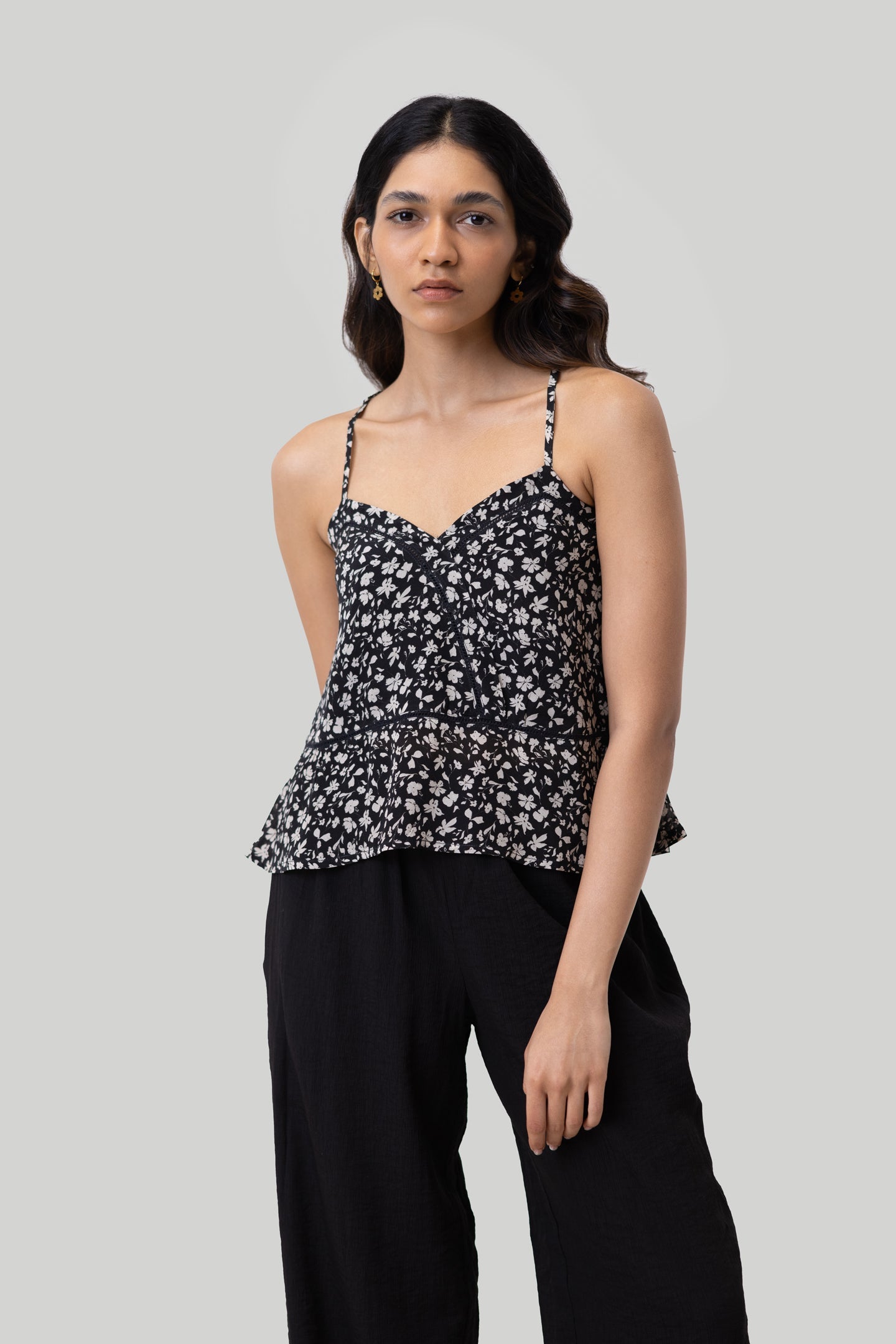 V-neck Lace Camisole in Black Florals-2