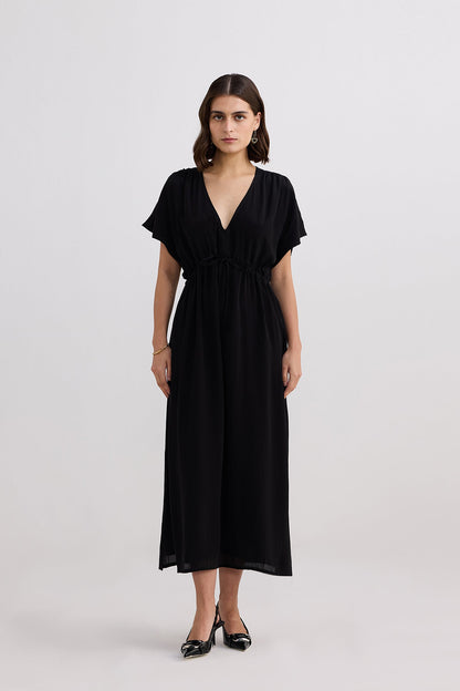 V-neck Gathered Maxi Dress in Black-0