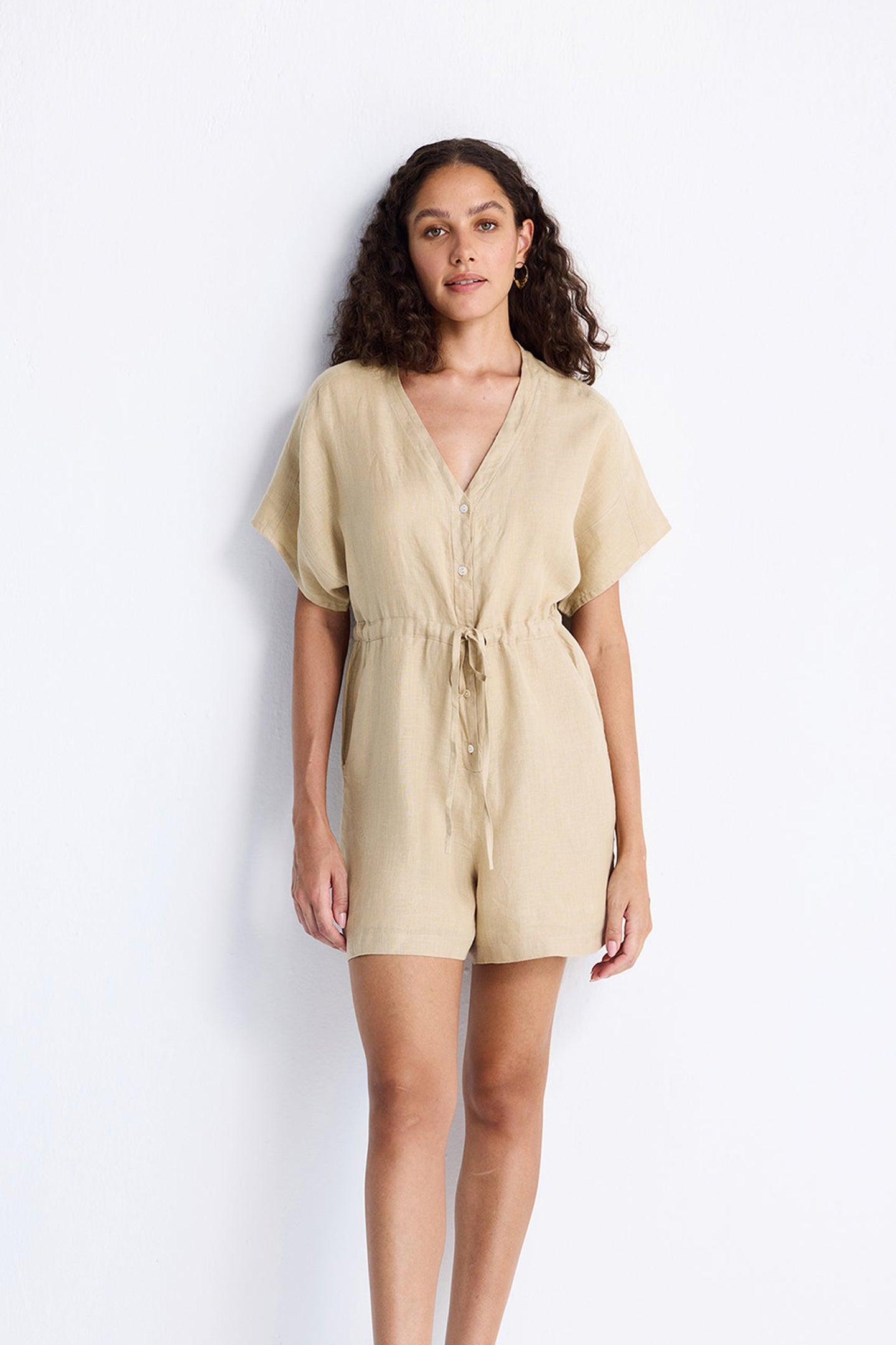 V neck Drawstring Romper in Neutral Beige-0