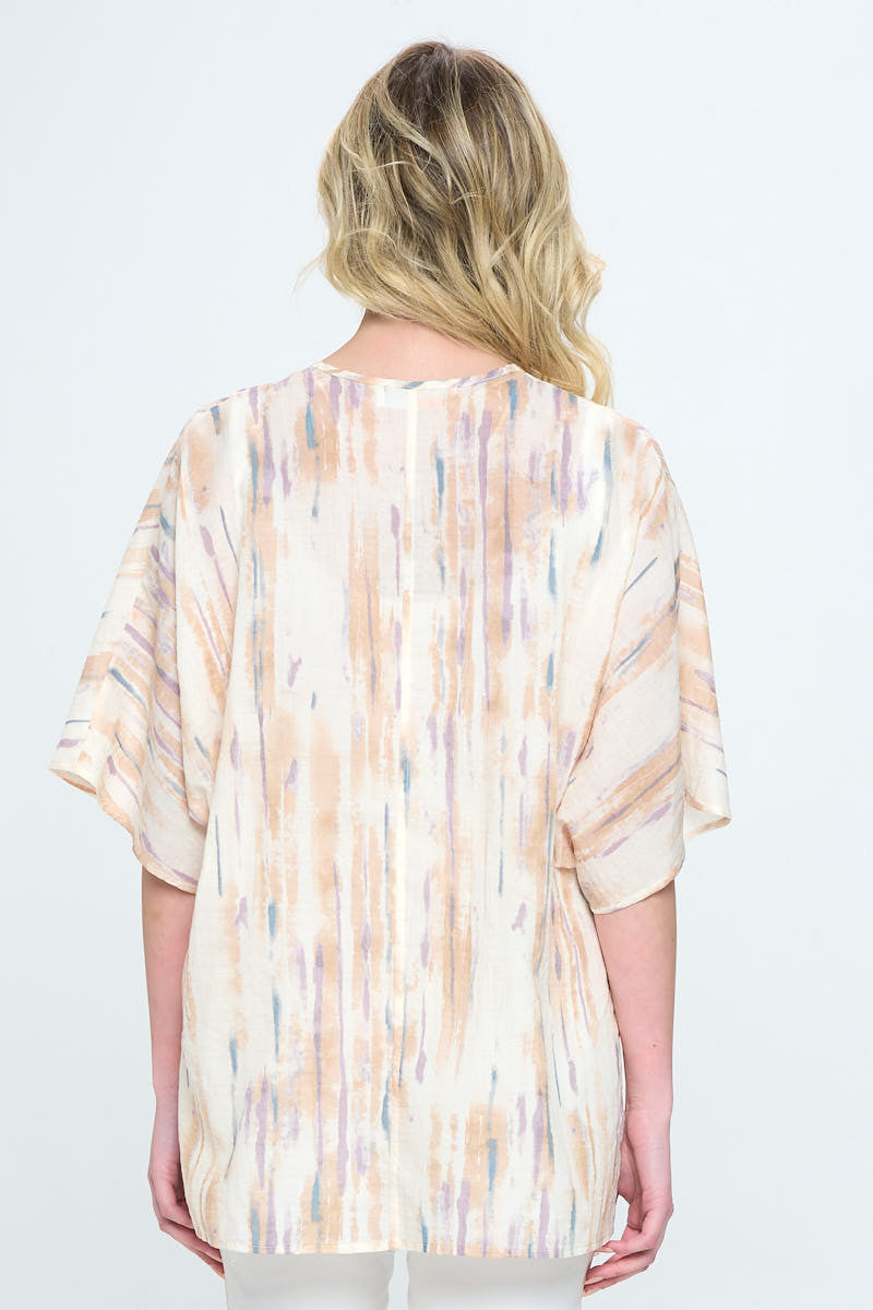 Solid Tie Front Kimono Top with Side Slits-3