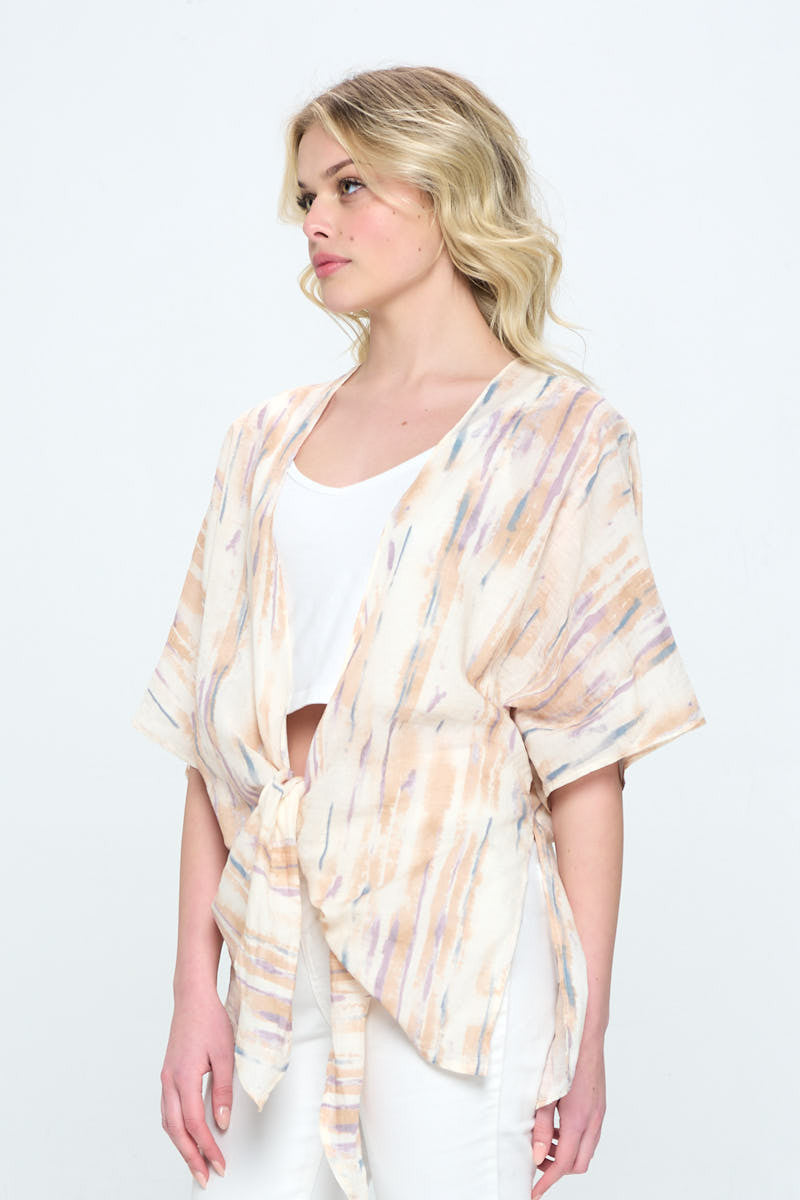 Solid Tie Front Kimono Top with Side Slits-2