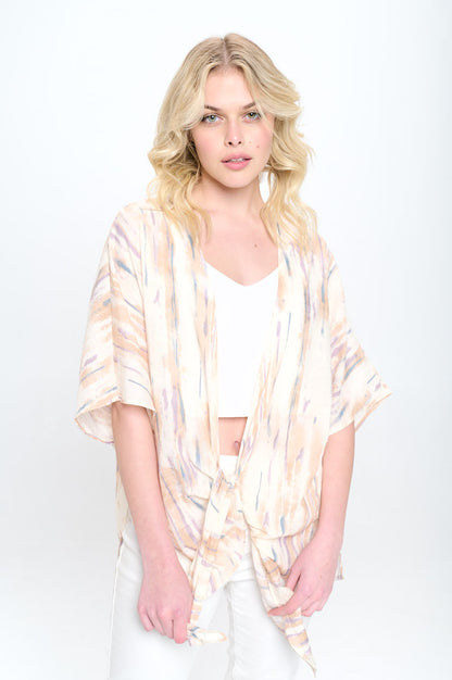 Solid Tie Front Kimono Top with Side Slits-1