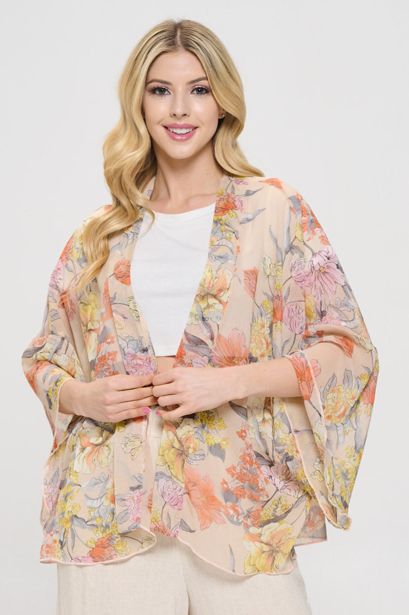 Floral Print Sheer Open Front Kimono-0