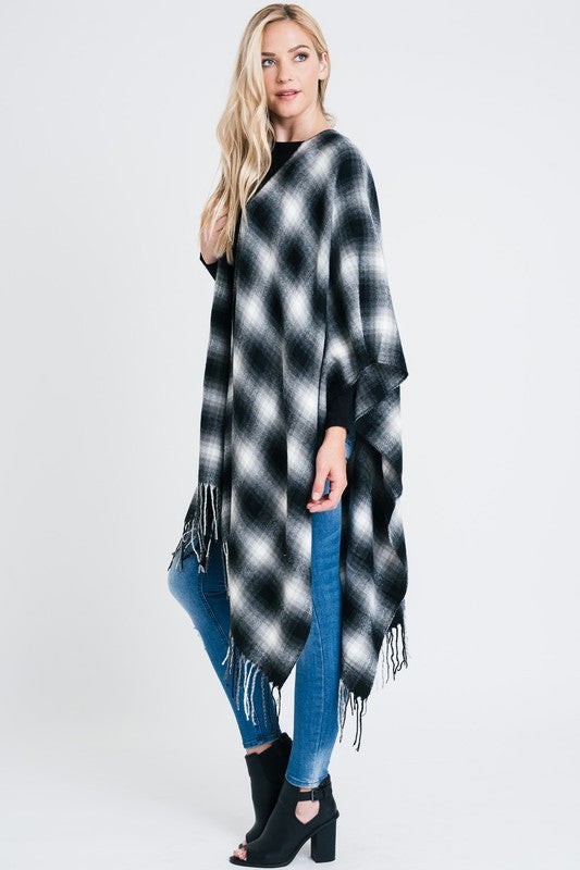 Plaid Open Front Poncho with Fringe Detail-1