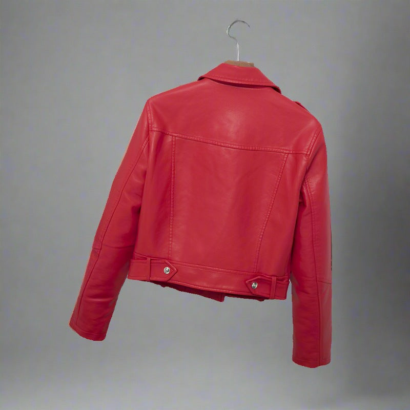 Chic Faux Leather Moto Jacket with asymmetrical zipper closure, belted waist, and zippered pockets in a variety of vibrant colors.