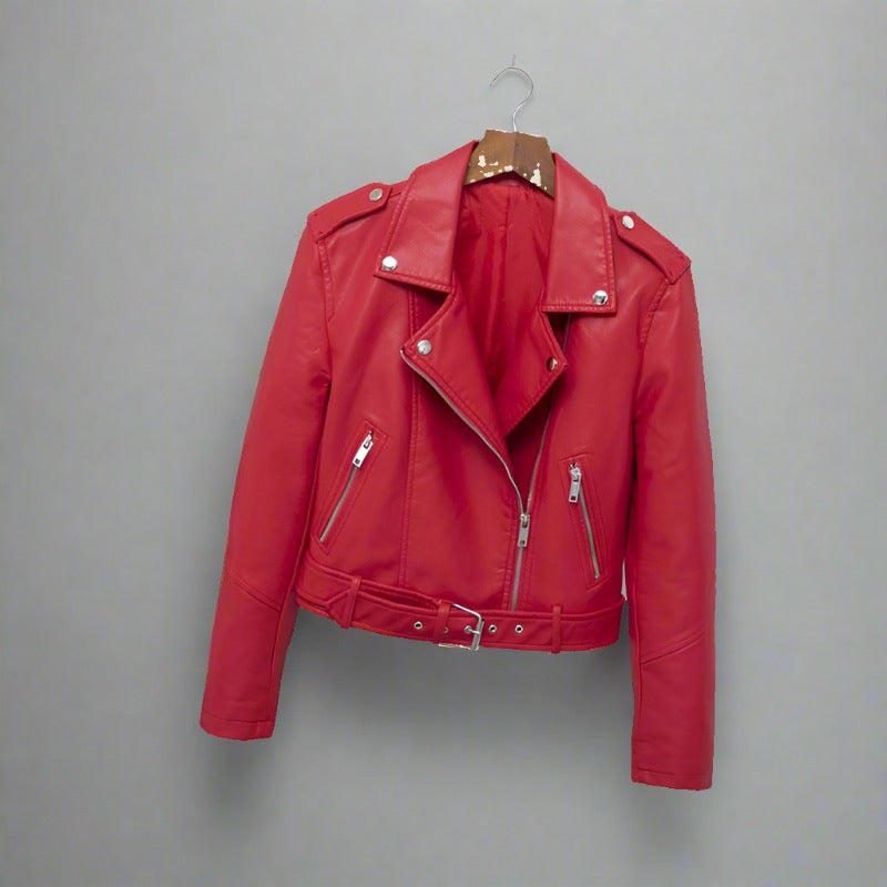 Chic Faux Leather Moto Jacket with asymmetrical zipper closure, belted waist, and zippered pockets in a variety of vibrant colors.