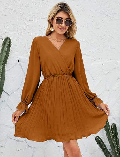 V neck Pleated Long Sleeve Mini Dress