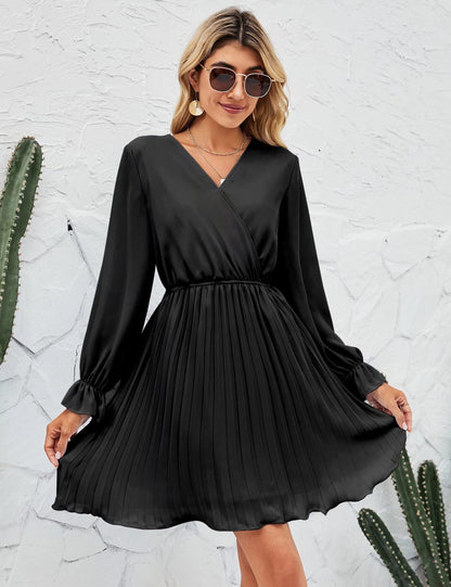 V neck Pleated Long Sleeve Mini Dress