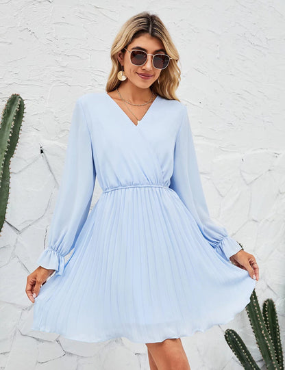 V neck Pleated Long Sleeve Mini Dress