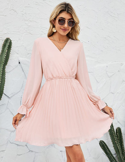 V neck Pleated Long Sleeve Mini Dress