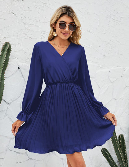 V neck Pleated Long Sleeve Mini Dress