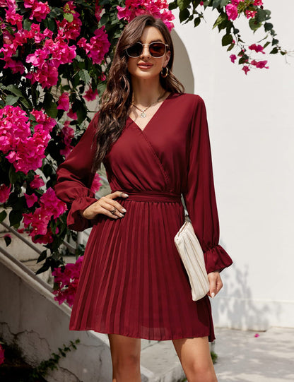 V neck Pleated Long Sleeve Mini Dress