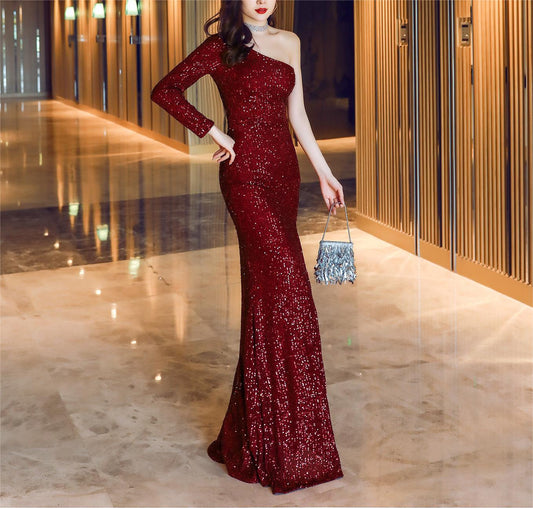 One Sleeve Sequin Gown