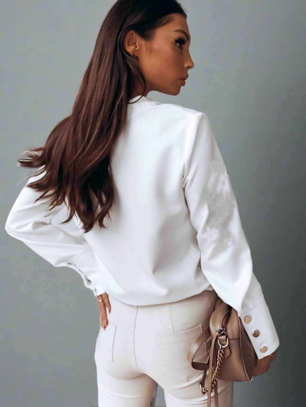 Chic Traveler's Button-Down Blouse - white blouse with high neckline, statement buttons, and buttoned cuffs, perfect for business trips, city explorations, and casual outings.