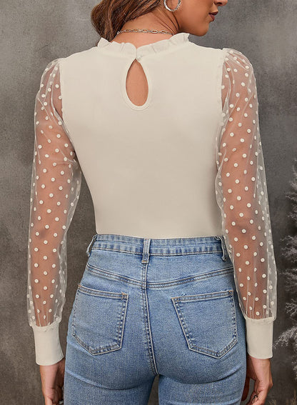 Long Sleeve Mesh Polka Dot Ribbed Bodysuit