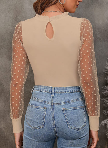 Long Sleeve Mesh Polka Dot Ribbed Bodysuit