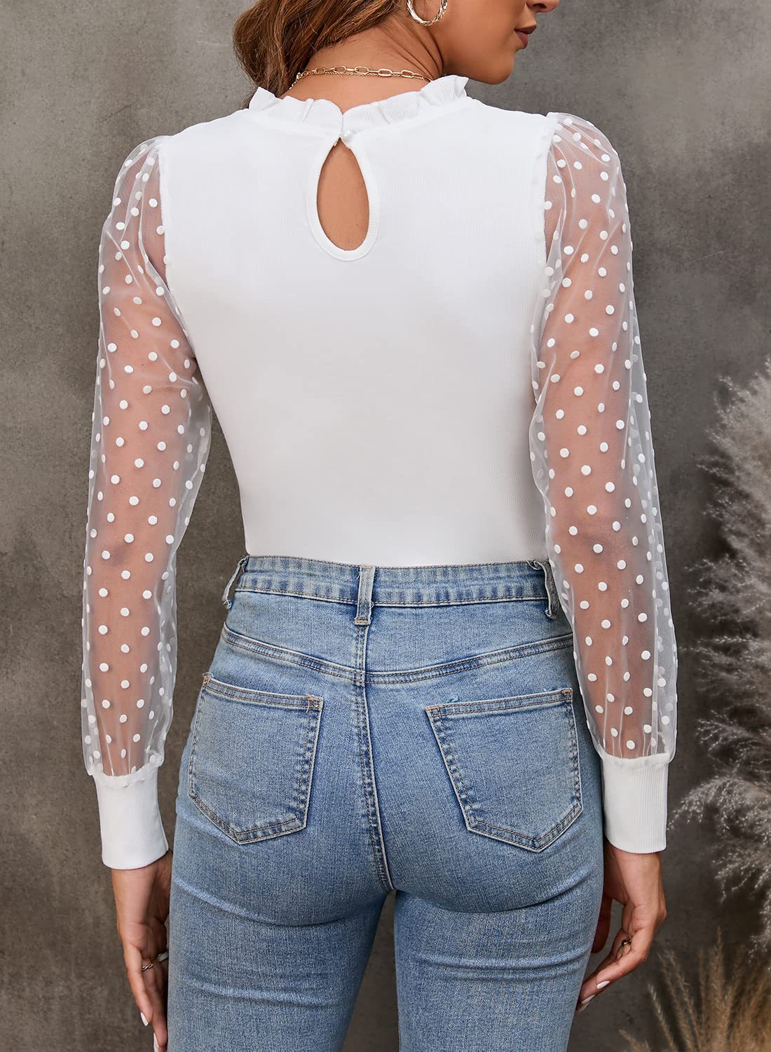 Long Sleeve Mesh Polka Dot Ribbed Bodysuit