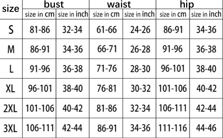 Backless Criss Cross  size chart