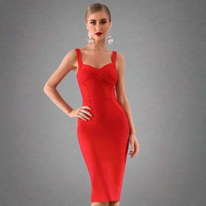 Elegant Contour Midi Dress in red, perfect for evening travel events.