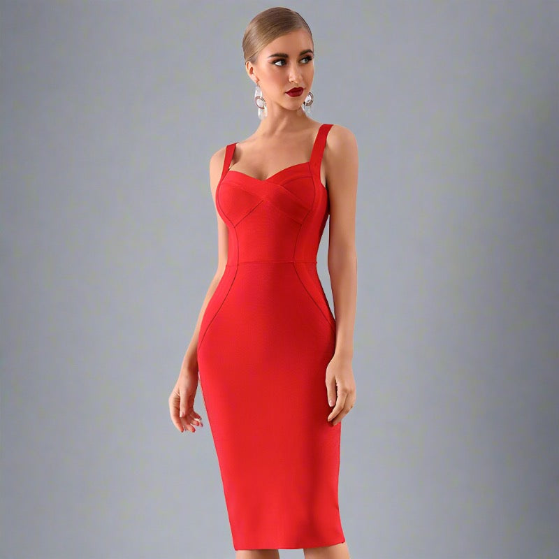 Elegant Contour Midi Dress in red, perfect for evening travel events.